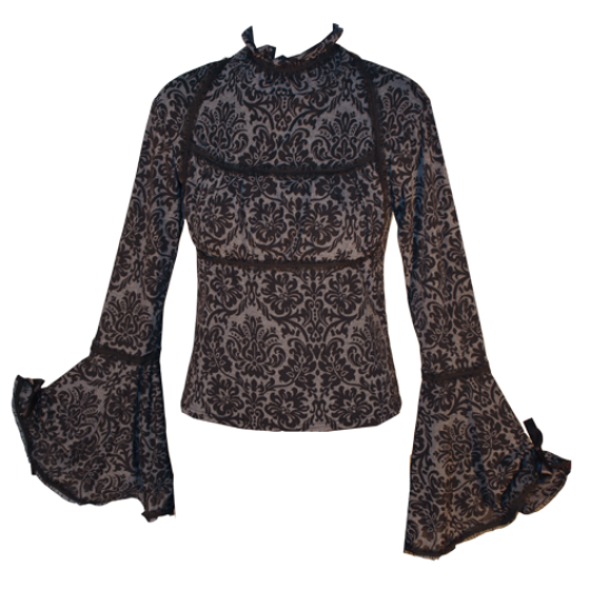 Long Bell Sleeve Stretch Victorian Print Blouse (grey & black)