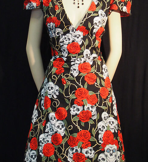 Rockabilly Skulls & Roses Black Dress - Cap Sleeve