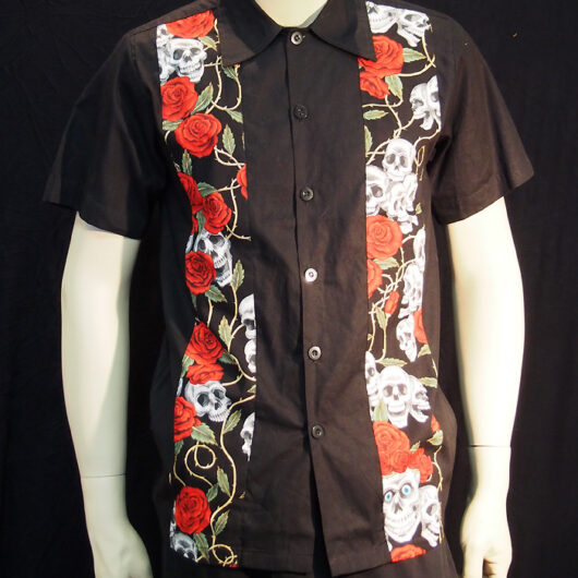 Rockabilly Skull and Roses Black Mens short sleeve