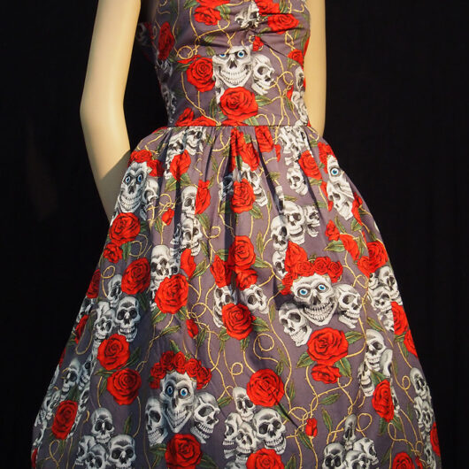 Rockabilly Skulls and Roses Grey Backless Dress