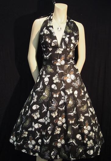 Rockabilly Halter Dress - Skulls & Butterflies